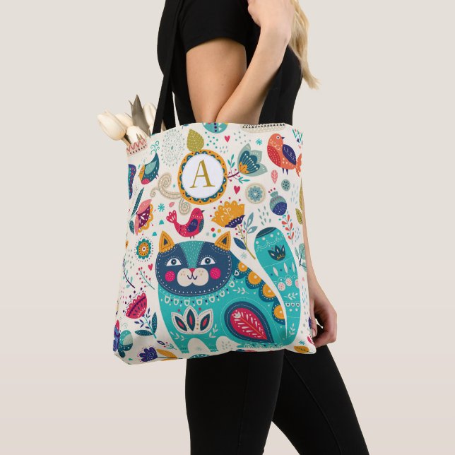 Tote Bag CAT personnalisé Folk Art Décoratif Oiseaux Fleurs (De près)