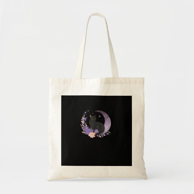 Tote Bag Cat Witchy Moon Flowers Pastel Goth Goblincore (Devant)