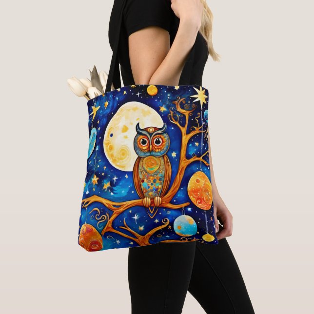 Tote Bag Céleste de Chouette lunaire : Étoiles, Lune, Planè (De près)