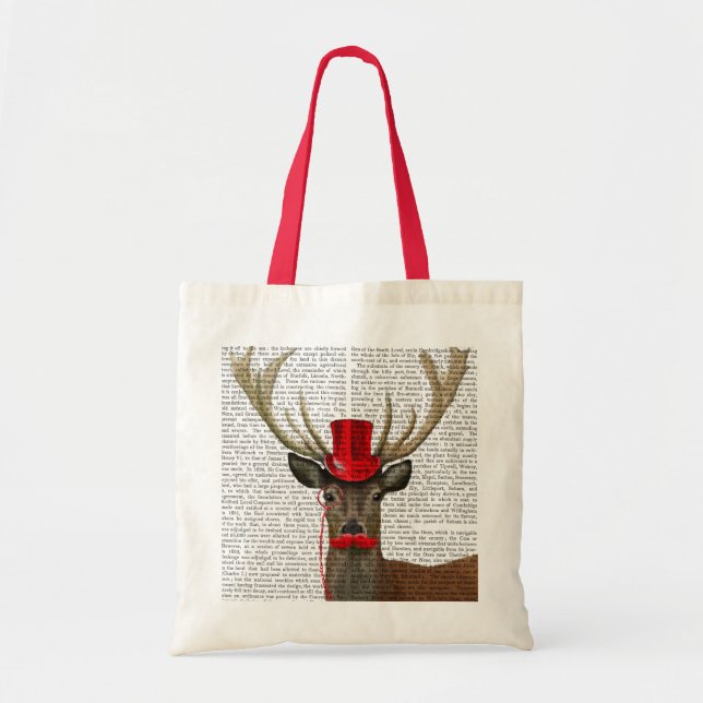 Tote Bag Cerf avec chapeau rouge et moustache (Devant)