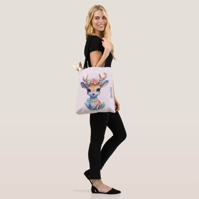 Tote Bag Cerf de Bébé mignon avec Antlers et Fleurs (Sur le modèle)