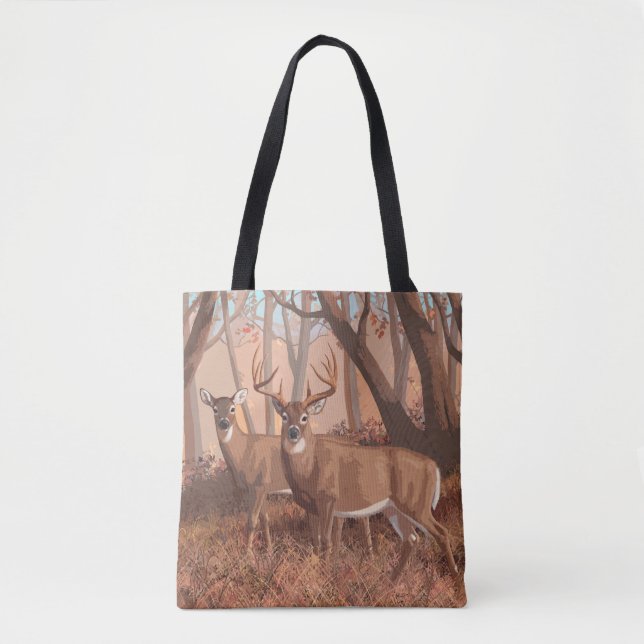 Tote Bag Cerf De Virginie Dans La Forêt Style Rétro Nature (Devant)