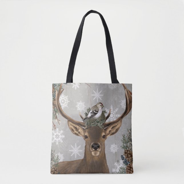 Tote Bag cerfs communs rustiques vintages modernes d'hiver (Devant)