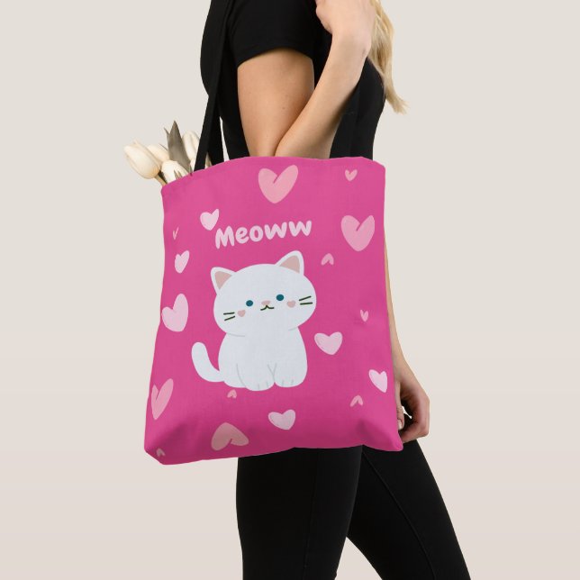 Tote Bag Cerise Fourre-tout avec design de chats blancs et  (De près)