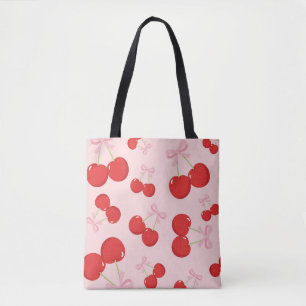 Tote Bag Cerises Rouges avec Nœud Rose Coquette Cottage Chi