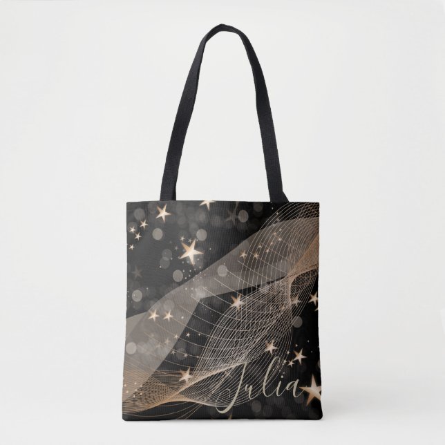 Tote Bag Chaînes d'étoiles magiques brillantes en or et lum (Devant)