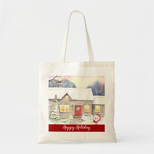 Tote Bag Chalet neigeux Aquarelle Peinture Joyeux vacances (Devant)