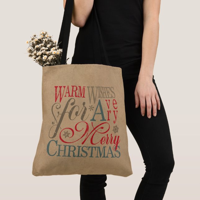 Tote Bag Chaleureux Voeux Kraft Typographie Rouge/Vert ID58 (De près)