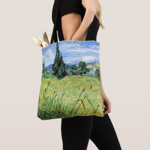 Tote Bag Champ de blé vert avec cyprès,