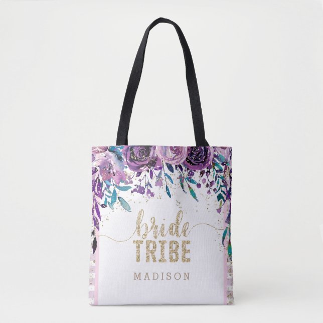 Tote Bag Champagne Florale Violet Gold & Stripes Bride Trib (Devant)