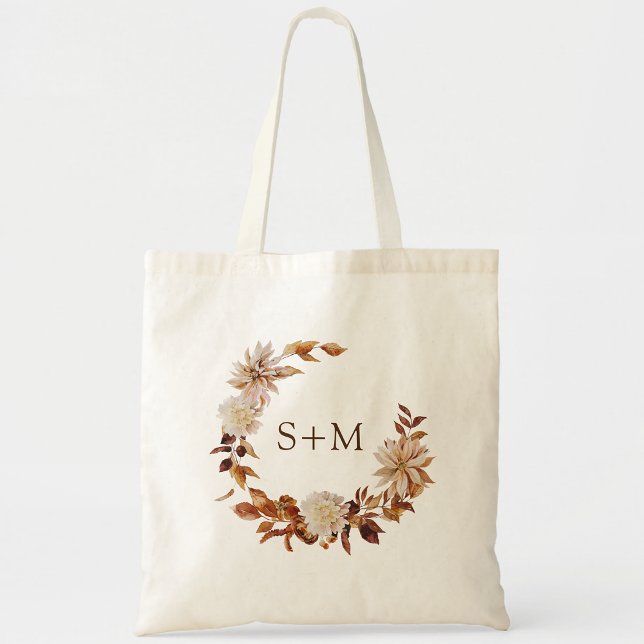 Tote Bag Championne d'automne Monogramme Feuille Mariage de (Fall Bride Groom Monogram Leaves Wreath Wedding Tote Bag by Painted Paperie)
