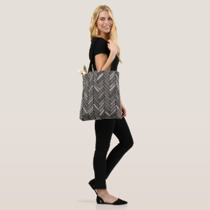 Tote Bag Charbon et Gris Herringbone Elegant Géométrique