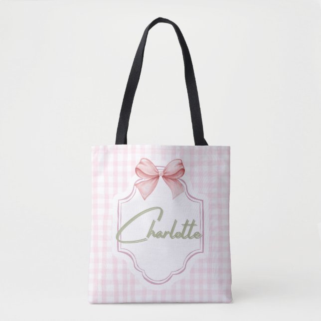 Tote Bag Charlotte Personnalisée Pink Bow & En vichy Print (Devant)