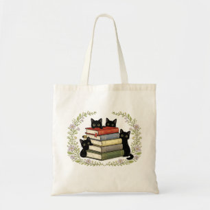 Tote Bag Charmant Art de Chat Noir avec Pile de Livres et C