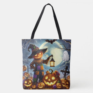 Tote Bag Charmant épouvantail et citrouilles d'Halloween fa