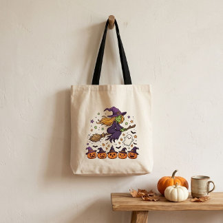 Tote Bag Charmante Sorcière Volant sur Balai Halloween
