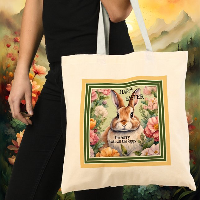 Tote Bag Chasse aux oeufs de lapin de Pâques (A funny tote bag featuring a fat bunny embraced by flowers. Beautiful for an Easter egg hunt.)