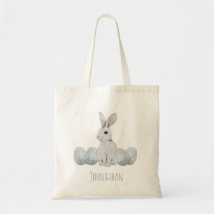 Tote Bag Chasse aux oeufs de Pâques au lapin bleu personna