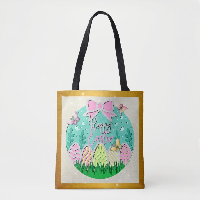 Tote Bag Chasse aux oeufs de Pâques mignonne et papillons c (Devant)