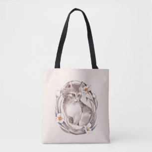 Tote Bag Chat 1. Chaton gris et fleurs