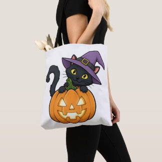 Tote Bag Chat à sorcière adorable dans un Jack-o-lanterne
