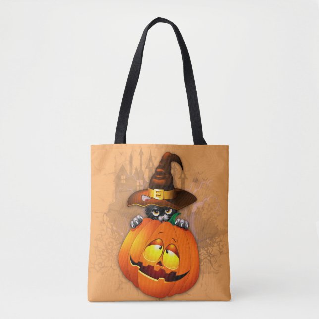 Tote Bag Chat à sorcière mignonne et amis Citrouilles d'Hal (Devant)