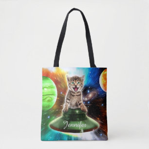 Tote Bag Chat Alien dans la soucoupe de l'ufo