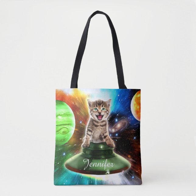 Tote Bag Chat Alien dans la soucoupe de l'ufo (Devant)