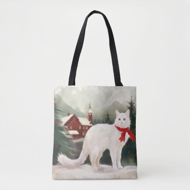 Tote Bag Chat Angora turc en Noël de neige (Devant)