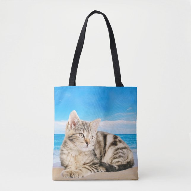 Tote Bag Chat assis sur la plage de Tropical Island (Devant)
