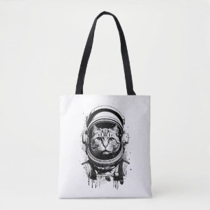 Tote Bag Chat astronaute noir et blanc