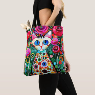 TOTE BAG CHAT AUX YEUX BLEUS COLORÉS EN ART ABSTRAIT