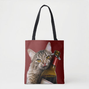 Tote Bag Chat Avec Bouteille De Vin