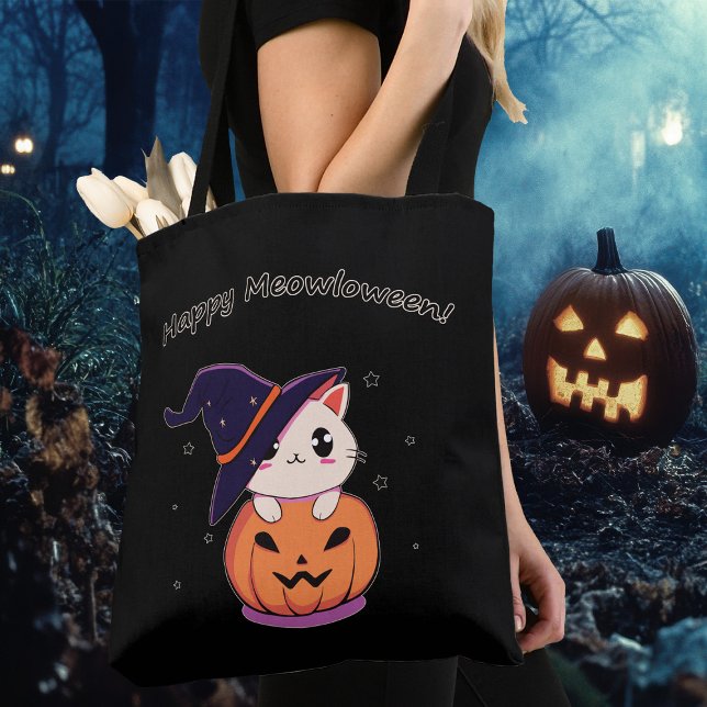 Tote Bag Chat avec casquette sorcier à Halloween Jack-O-Lan (Créateur téléchargé)