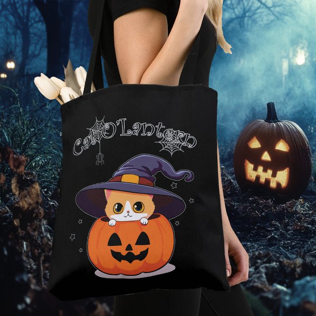 Tote Bag Chat avec casquette sorcier à Halloween Jack-O-Lan (Créateur téléchargé)