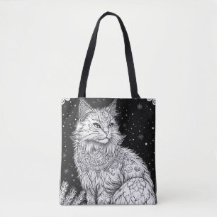 Tote Bag Chat avec Mandala sous ciel étoilé magique