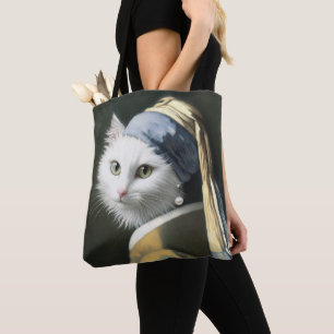 Tote Bag Chat blanc avec une perle à oreille peinture