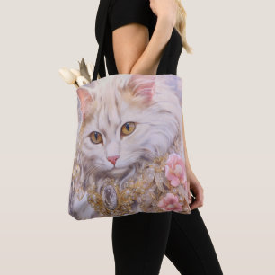 Tote Bag Chat blanc élégant en or et diamants