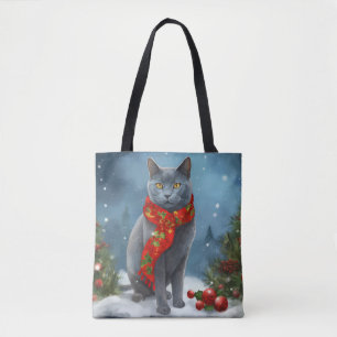 Tote Bag Chat bleu russe à Noël de neige