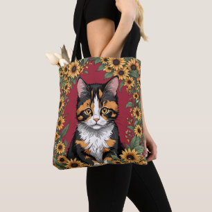 Tote Bag Chat calicot du Maryland et fleurs de Susan aux ye