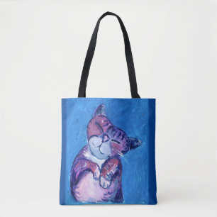 Tote Bag Chat confortable peint Kitty mignon Feline Fun Blu