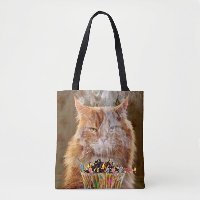 Tote Bag Chat Cranky Drôle Avec Cupcake D'Anniversaire Fond (Devant)