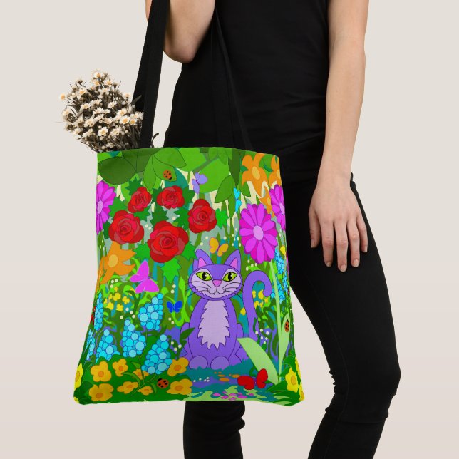 Tote Bag Chat dans Jardin Fleurs d'Imaginaire Papillons Lad (De près)