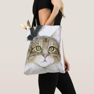 Tote Bag Chat de Downton   orné avec des plumes