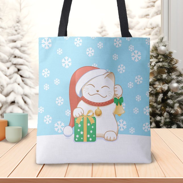 Tote Bag Chat de Noël blanc dans un Casquette rouge (Créateur téléchargé)