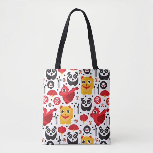 Tote Bag Chat, dragon, et panda chanceux de la Chine (Devant)