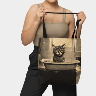 Tote Bag Chat drôle en colère dans la baignoire Noir Brown