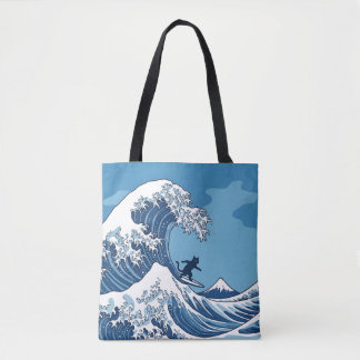 Tote Bag Chat Drôle Faisant du Surf sur la Grande Vague au 