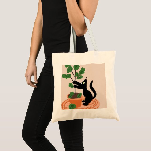 Tote Bag Chat drôle Figuier Arbre Plantes en pot Dessinés à (Devant (produit))