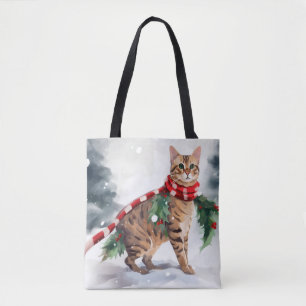 Tote Bag Chat du Bengale à Noël de neige